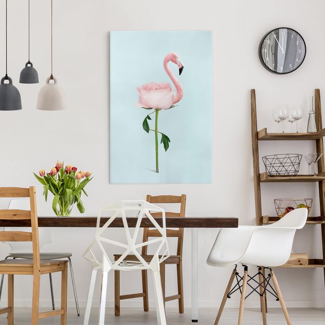 Tableaux oiseaux sur toile Flamant avec une rose