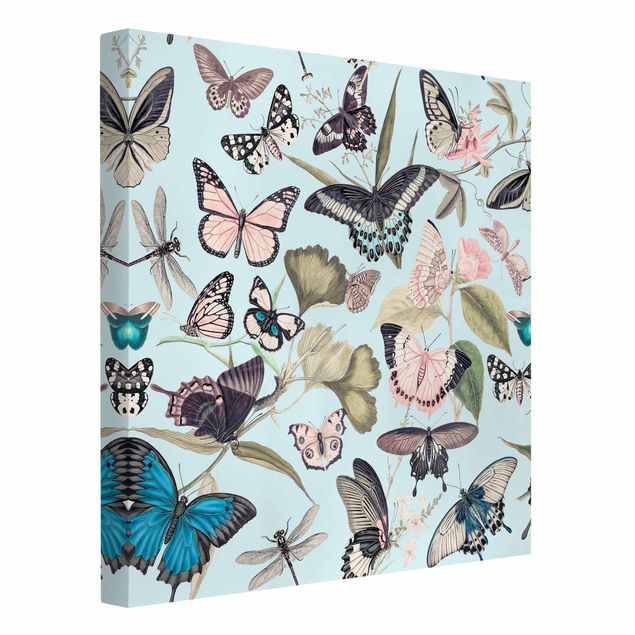 Tableau fleurs Collage Vintage - Papillons et Libellules