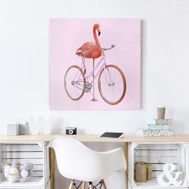 Tableaux oiseaux sur toile Flamant avec bicyclette