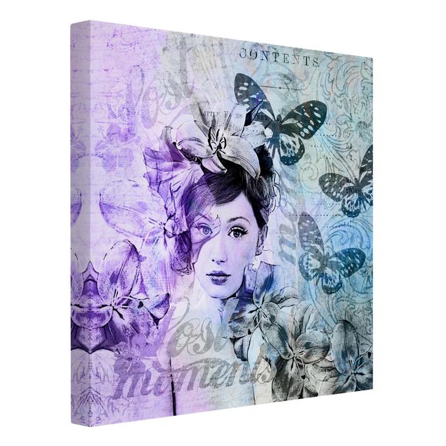 Tableau animaux Collage Shabby Chic - Portrait avec papillons