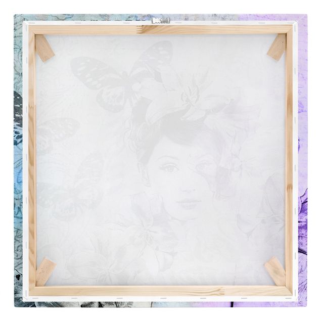 Tableau lilas Collage Shabby Chic - Portrait avec papillons