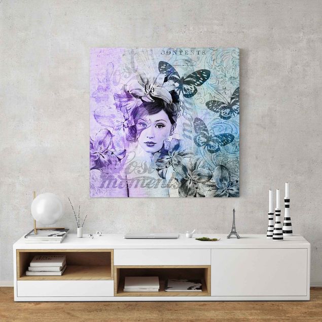 Toile papillon Collage Shabby Chic - Portrait avec papillons