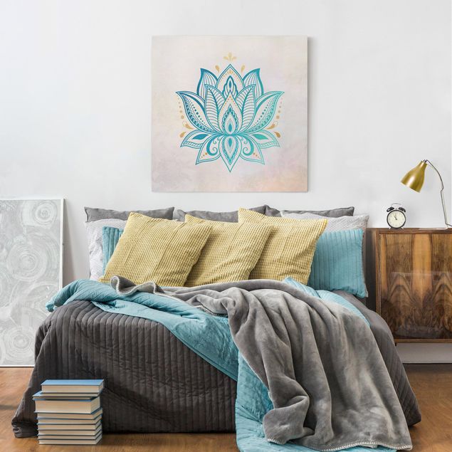 Tableaux modernes Illustration Lotus Mandala Or Bleu