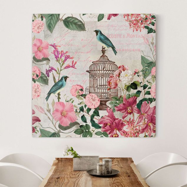 Déco mur cuisine Collage Shabby Chic - Fleurs roses et oiseaux bleus