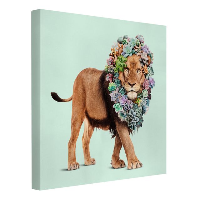 Tableau toile lion Lion avec Succulents