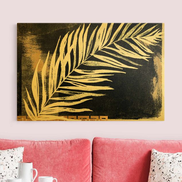 Tableau floral mural Feuille de palmier sur noir et or