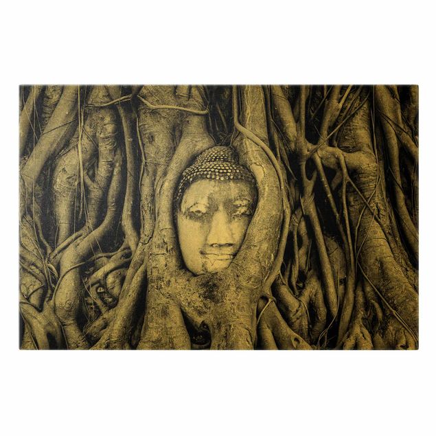 Tableau décoration Bouddha d'Ayuttaya encadré par des racines d'arbre en noir et blanc