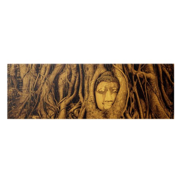 Tableau marron moderne Bouddha d'Ayuttaya encadré par des racines d'arbres en brun