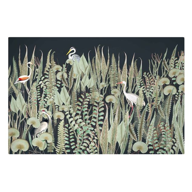 Cadre animaux Flamant et Cigogne avec plantes sur fond vert