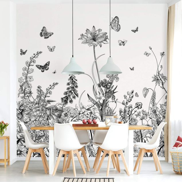 Déco murale cuisine Large Flowers With Butterflies In Black