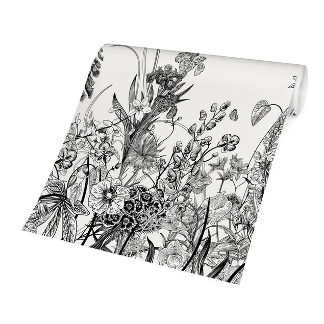 Papier peint animaux forêt Large Flowers With Butterflies In Black