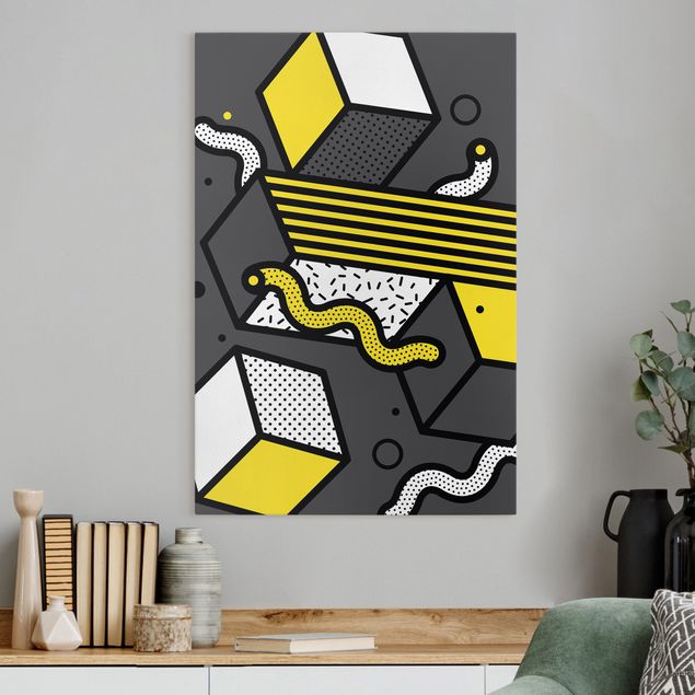 Tableaux sur toile avec dessins Composition Neo Memphis jaune et gris