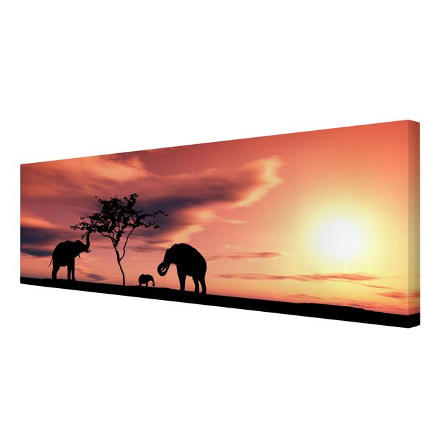 Toiles coucher de soleil Famille d'éléphants africains