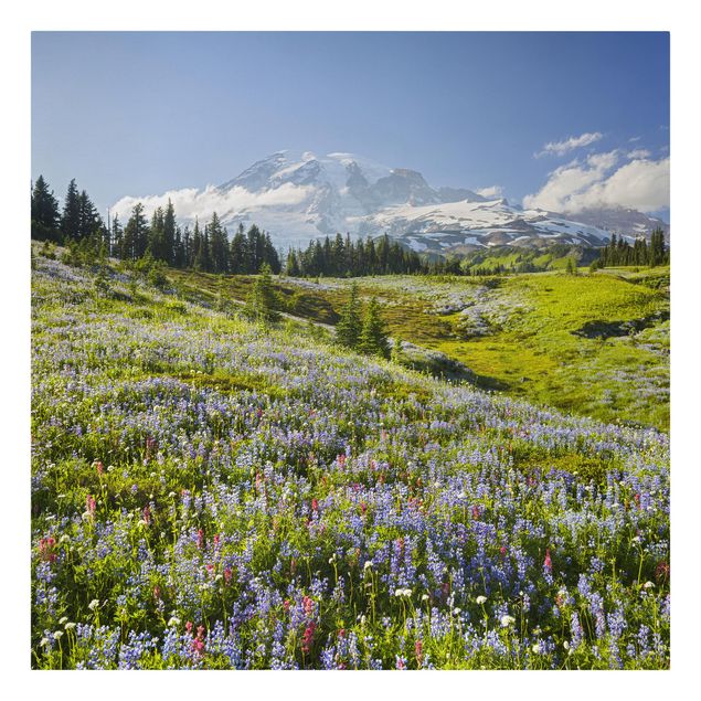 Toiles montagne Mountain Meadow With Red Flowers in Front of Mt. Rainier