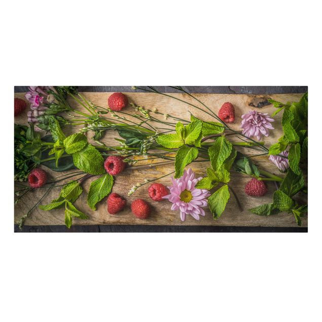 Tableaux sur toile avec légumes et fruit Fleurs Framboises Menthe