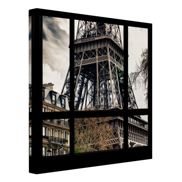 Tableau toile ville Window view Paris - Near the Eiffel Tower black and white