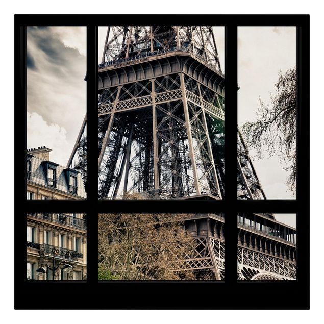 Tableaux sur toile en noir et blanc Vue d'une fenêtre à Paris - près de la Tour Eiffel