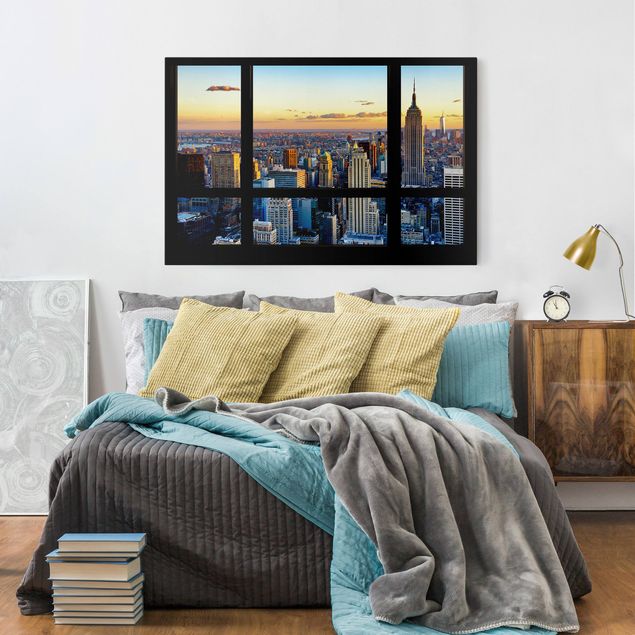 Tableau de New York sur toile Vue de la fenêtre - Lever de soleil à New York