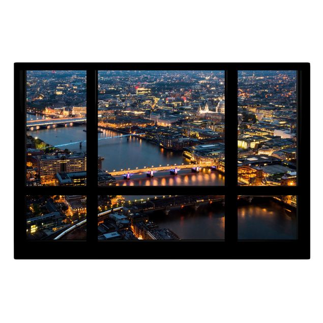 Tableau ville Vue de fenêtre de la Silhouette urbaine de Londres avec le pont