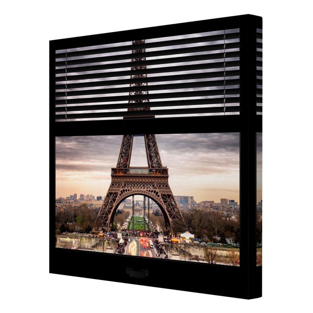 Tableau toile ville Vue d'une fenêtre avec rideau - Tour Eiffel Paris