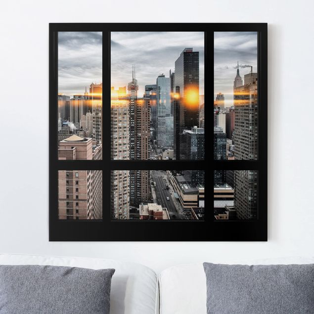 Cadre New York Fenêtres donnant sur New York avec reflet du soleil