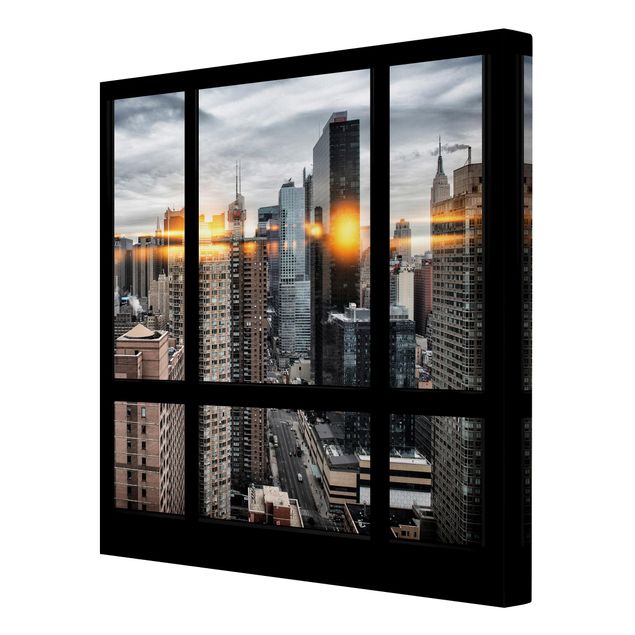 Tableau toile ville Fenêtres donnant sur New York avec reflet du soleil