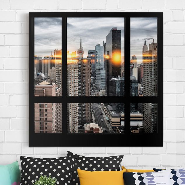 Déco mur cuisine Fenêtres donnant sur New York avec reflet du soleil
