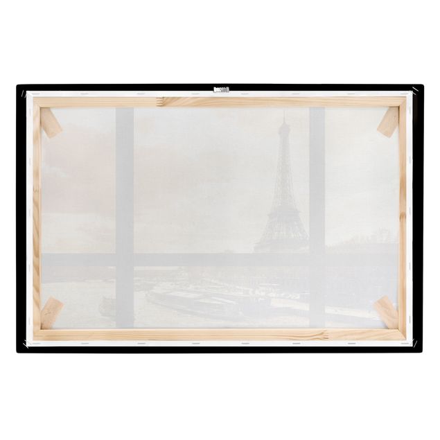 Tableau toile ville Vue de fenêtre - Coucher de soleil Paris Tour Eiffel