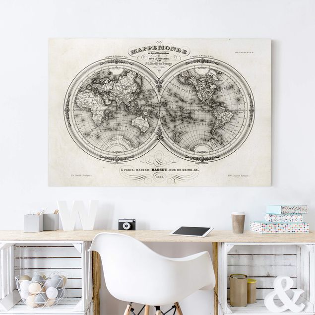 Tableaux sur toile en noir et blanc Carte française des hémisphères de 1848
