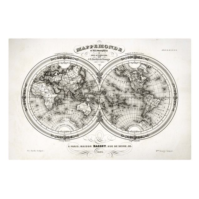 Tableaux noir et blanc Carte française des hémisphères de 1848