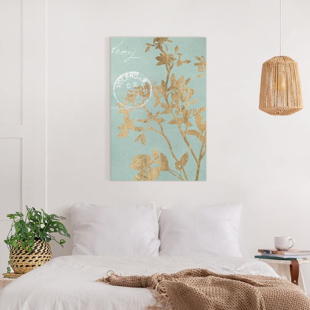 tableaux floraux Feuilles d'or sur Turquoise II