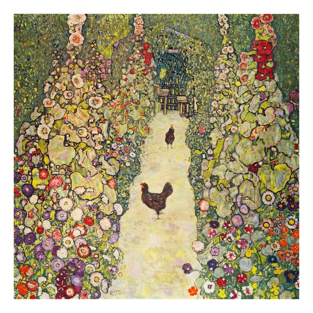Tableau fleurs Gustav Klimt - Chemin de jardin avec poules
