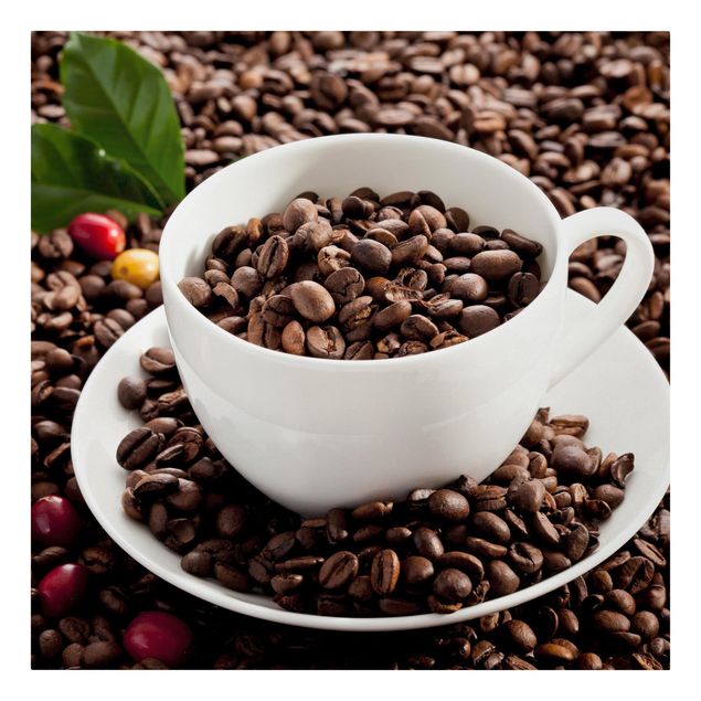 Tableau marron Tasse à café avec grains de café torréfiés