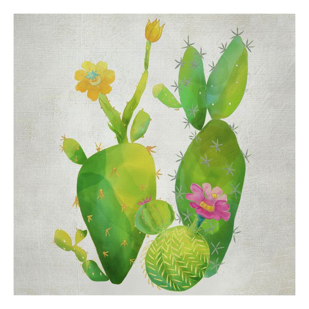 Tableau vert Famille de cactus en rose et jaune