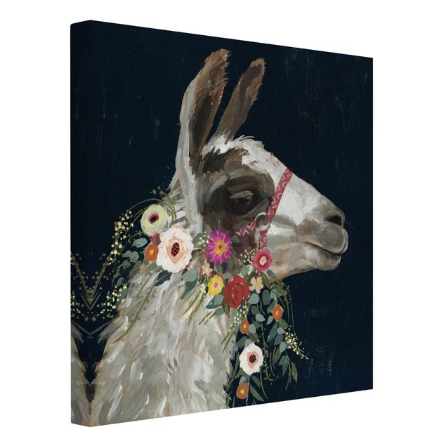 Toile imprimée animaux Lama avec décoration florale I