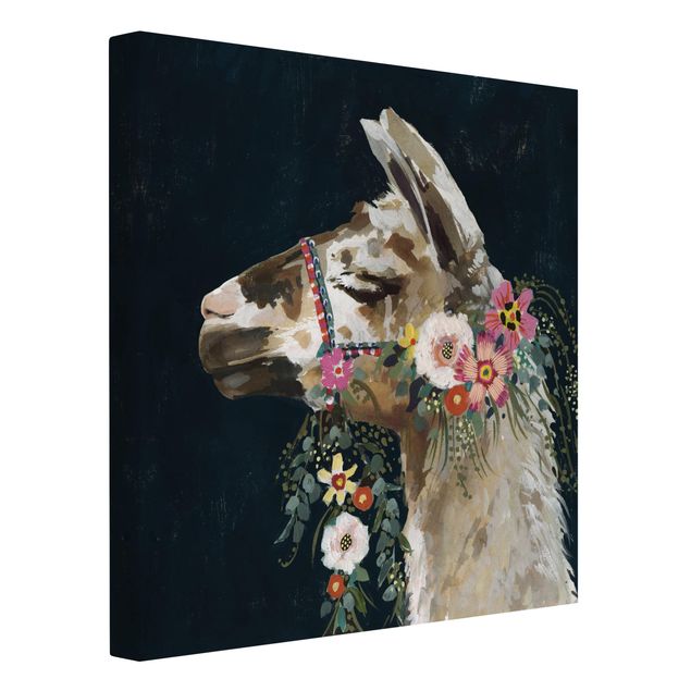 Tableau toile animaux Lama avec décoration florale II