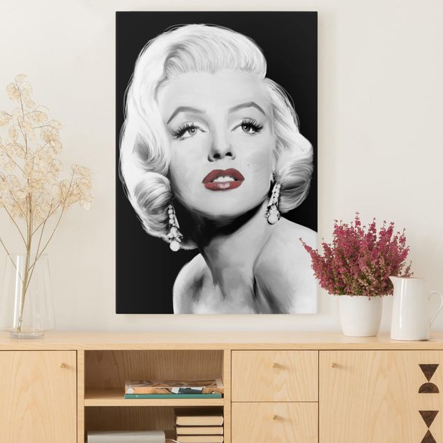Tableaux sur toile en noir et blanc Marilyn avec des boucles d'oreilles