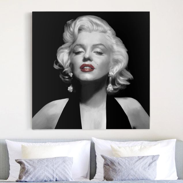 Tableaux sur toile en noir et blanc Marilyn aux lèvres rouges