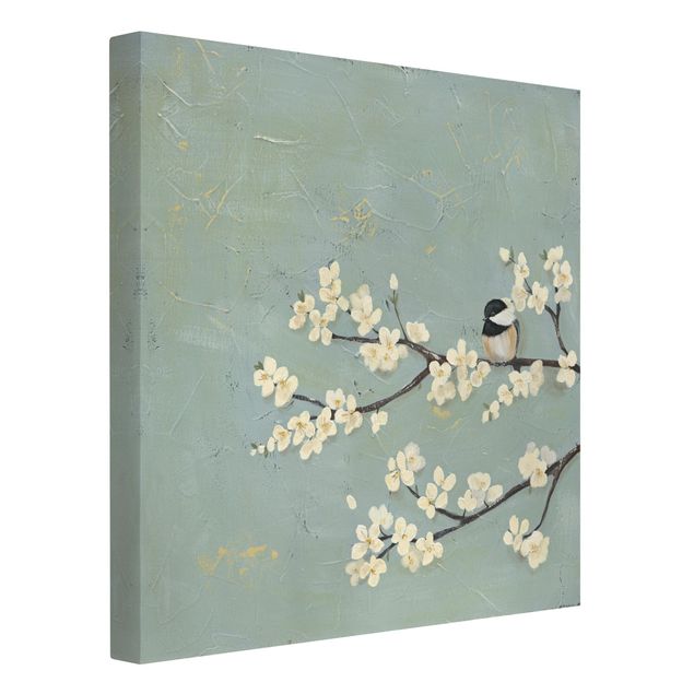 tableaux floraux Mésange sur une branche de cerise