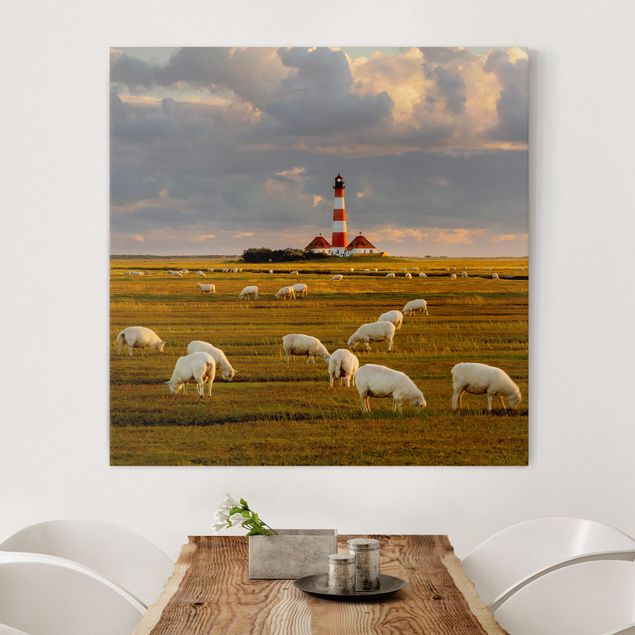 Déco murale cuisine Phare de la mer du Nord avec un troupeau de moutons