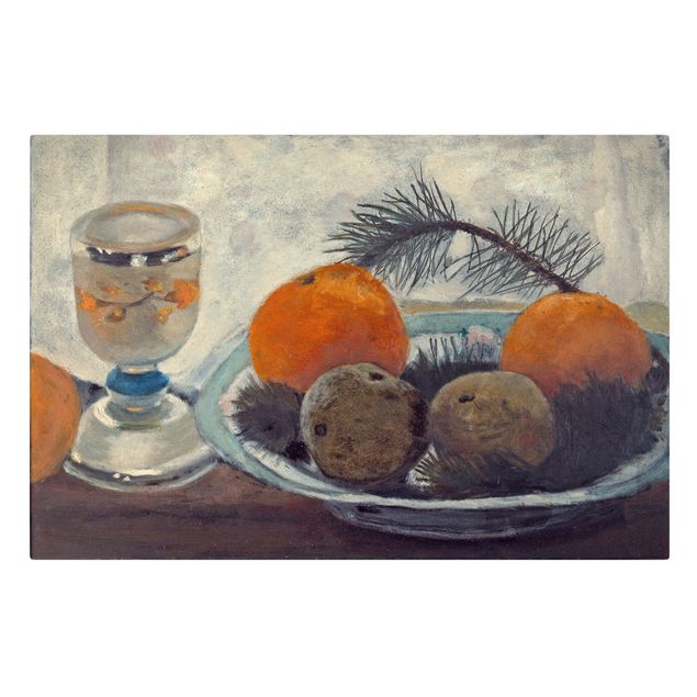 tableaux floraux Paula Modersohn-Becker - Nature morte avec une tasse en verre dépoli, des pommes et une branche de pin