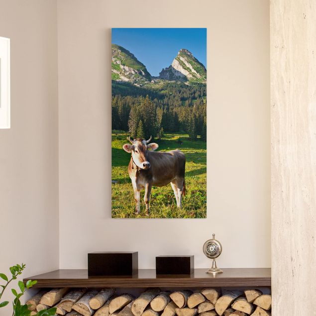 Tableau paysages Prairie alpine suisse avec vache