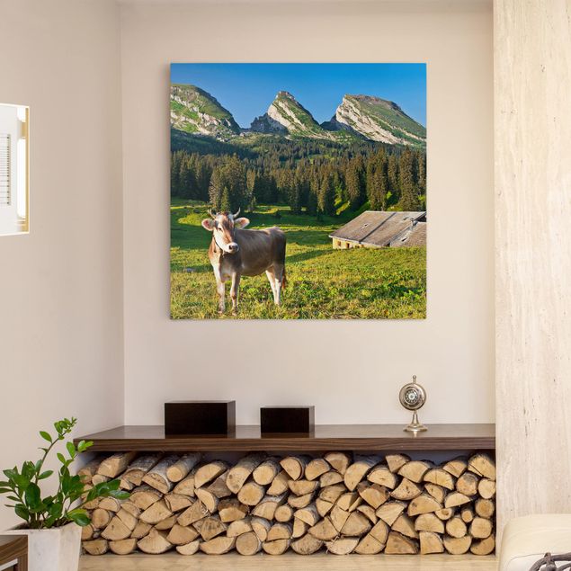 Tableau arbre Prairie alpine suisse avec vache