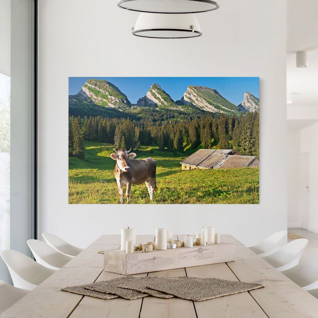 Tableau paysages Prairie alpine suisse avec vache