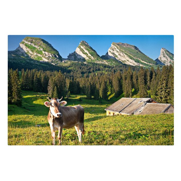 Toile paysage montagne Prairie alpine suisse avec vache