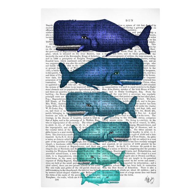Tableau deco bleu Lecture des animaux - Famille de baleines
