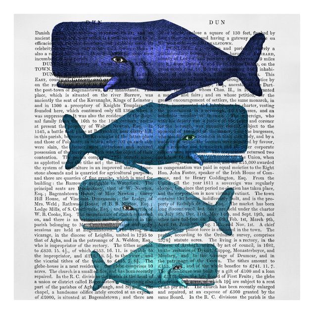 Tableau deco bleu Lecture des animaux - Famille de baleines