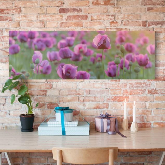 Déco mur cuisine Prairie de coquelicots violets au printemps