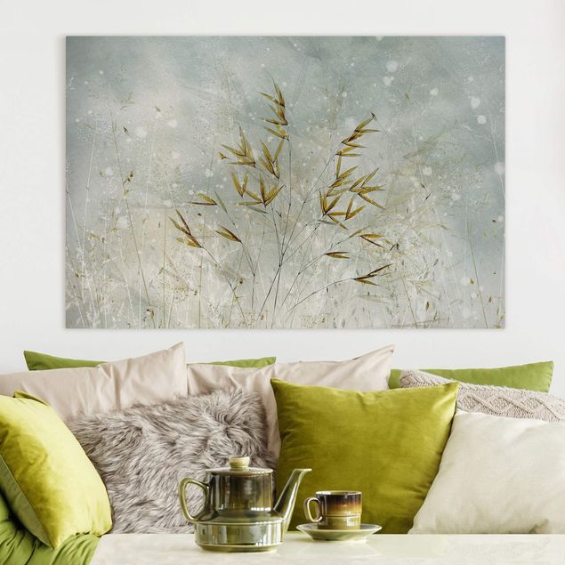 Tableaux sur toile avec herbes Branches délicates dans le brouillard d'hiver