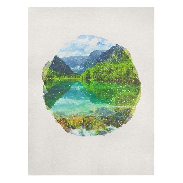 Tableau moderne Aquarelles - Lac de montagne avec reflet d'eau